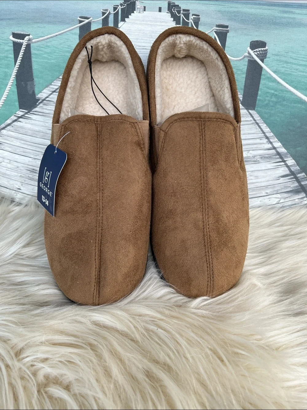 George Men's Tan Brown Suede-Look Fleece Lined Slip-On Slippers